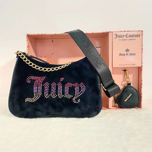 Juicy Couture Black Licorice Pink Rhinestone Handbag Bag & Heart Coin Purse Set - Picture 4 of 11